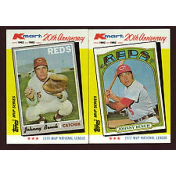 Johnny Bench 1982 Topps Kmart 20th Anniversary Trading Cards. 2 card set includes baseball cards #18 (1970) and #22 (1972)