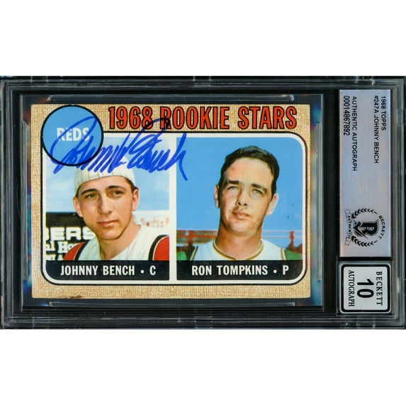 Johnny Bench Autographed 1968 Topps Rookie Card #247 Cincinnati Reds Auto Grade Gem Mint 10 Beckett BAS #14867892