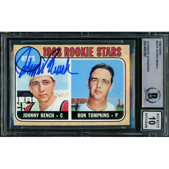 Johnny Bench Autographed 1968 Topps Rookie Card #247 Cincinnati Reds Auto Grade Gem Mint 10 Beckett BAS #14867897