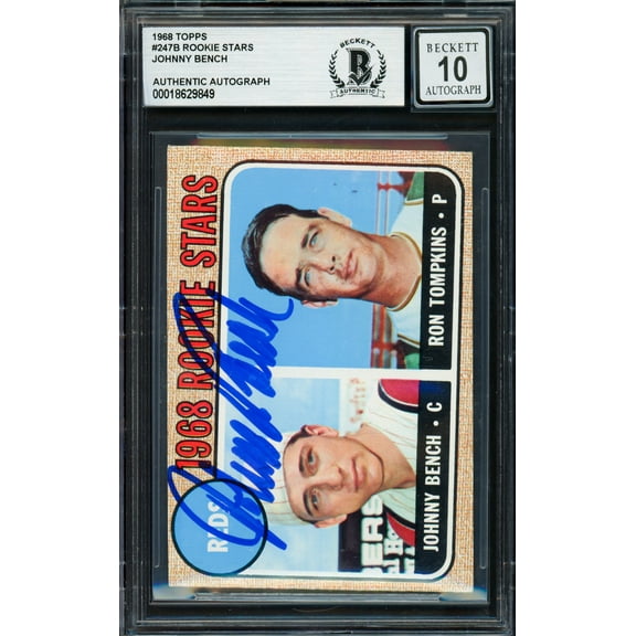 Johnny Bench Autographed 1968 Topps Rookie Card #247 Cincinnati Reds Auto Grade Gem Mint 10 Beckett BAS #18629849