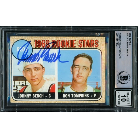Johnny Bench Autographed 1968 Topps Rookie Card #247 Cincinnati Reds Auto Grade Gem Mint 10 (Off Condition) Beckett BAS #14867872