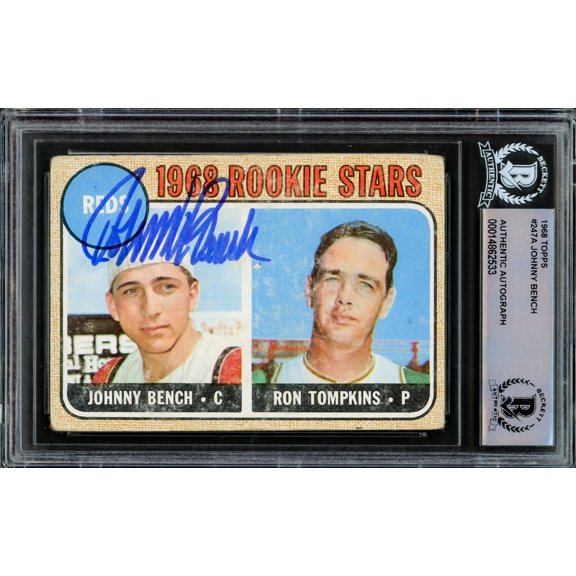 Johnny Bench Autographed 1968 Topps Rookie Card #247 Cincinnati Reds Beckett BAS #14862533
