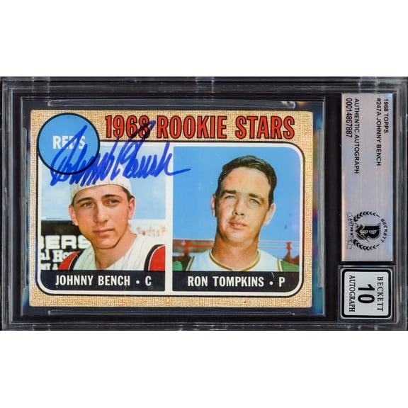 Johnny Bench Autographed 1968 Topps Rookie Card #247A Cincinnati Reds Auto Grade Gem Mint 10 Beckett BAS #14867887