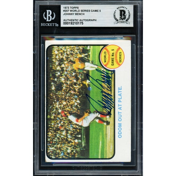 Johnny Bench Autographed 1973 Topps Card #207 Cincinnati Reds Beckett BAS #19210175