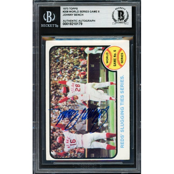 Johnny Bench Autographed 1973 Topps Card #208 Cincinnati Reds Beckett BAS #19210179