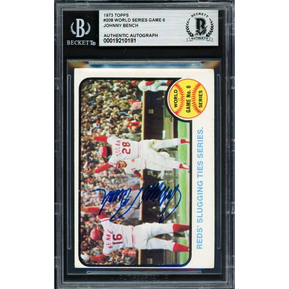 Johnny Bench Autographed 1973 Topps Card #208 Cincinnati Reds Beckett BAS #19210181
