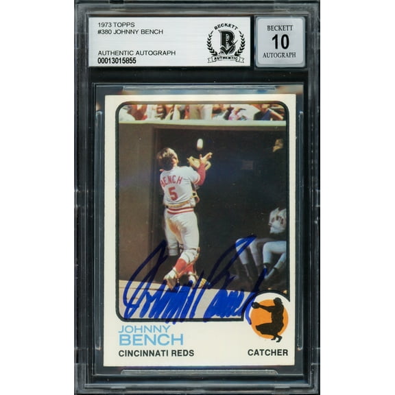 Johnny Bench Autographed 1973 Topps Card #380 Cincinnati Reds Auto Grade Gem Mint 10 Beckett BAS #13015855