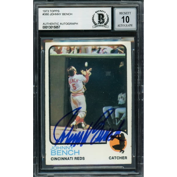 Johnny Bench Autographed 1973 Topps Card #380 Cincinnati Reds Auto Grade Gem Mint 10 Beckett BAS #13015857