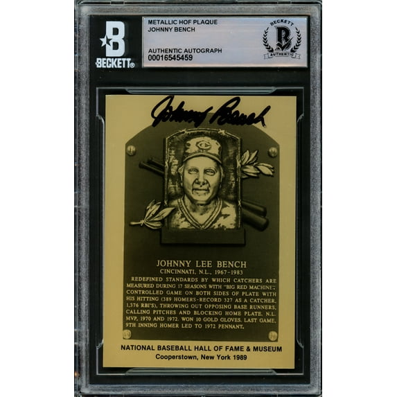 Johnny Bench Autographed 1989 Hall of Fame Metallic Plaque Card Cincinnati Reds Beckett BAS #16545459