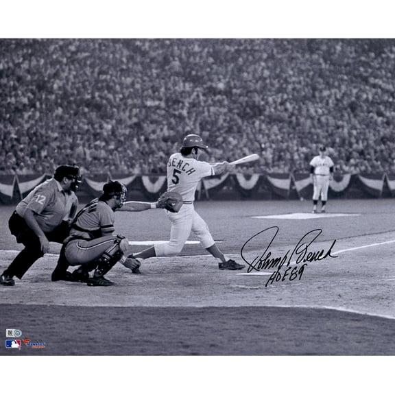 Johnny Bench Cincinnati Reds Autographed 16" x 20" Black & White Hitting Photograph with "HOF 89" Inscription - Fanatics Authentic Certified