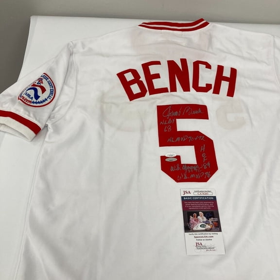 Johnny Bench Signed Inscribed Cincinnati Reds STAT Mitchell  Ness Jersey JSA