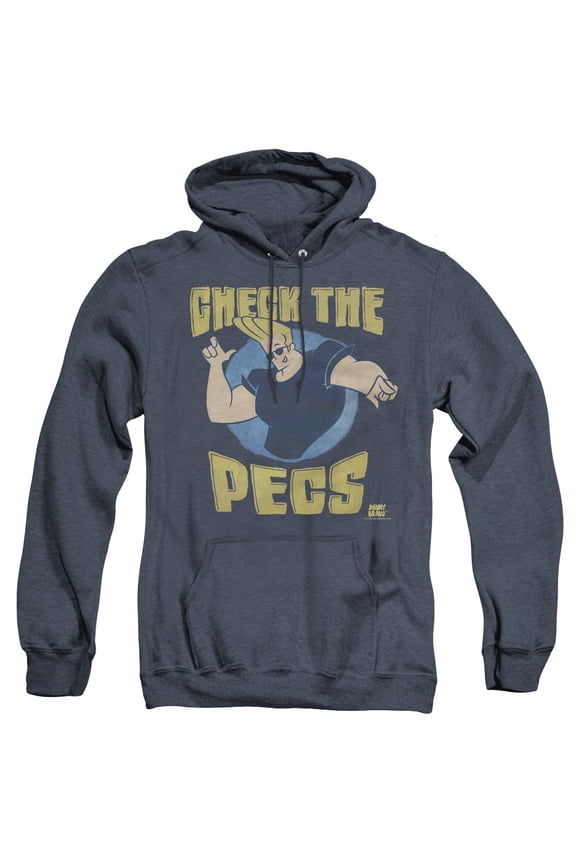Johnny Bravo Check The Pects Adult Heather Hoodie Sweatshirt Navy