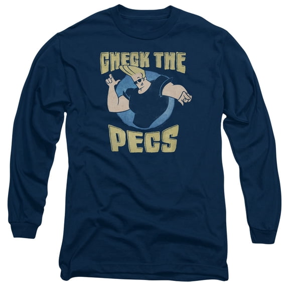 Johnny Bravo Check The Pects Long Sleeve Adult 18/1 T-Shirt Navy
