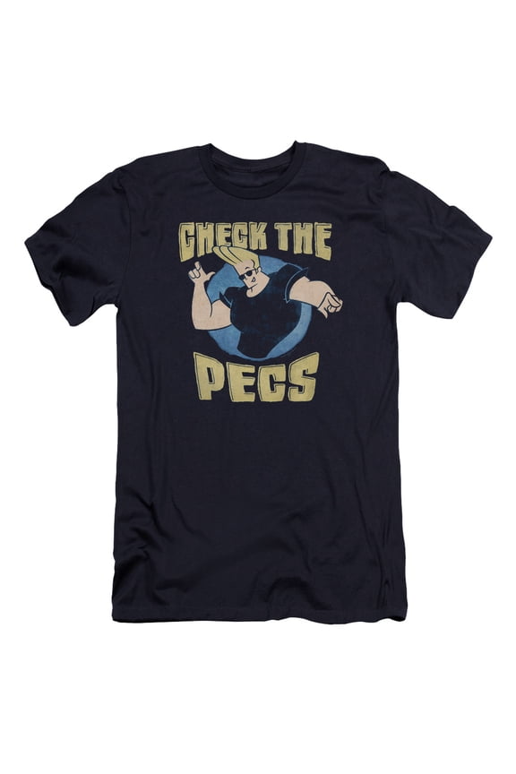 Johnny Bravo Check The Pects Premium Canvas Adult Slim Fit 30/1 T-Shirt Navy