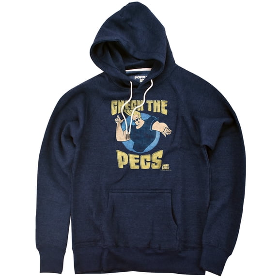 Johnny Bravo Check The Pects Unisex Adult Slim Fit Pull-Over Heather Hoodie, Navy, Medium