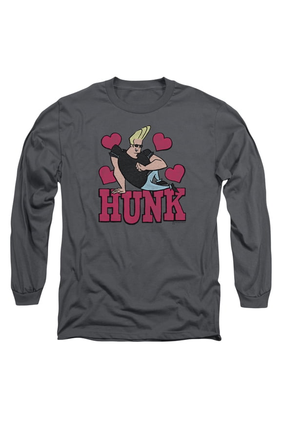 Johnny Bravo Hunk Long Sleeve Adult 18/1 T-Shirt Charcoal