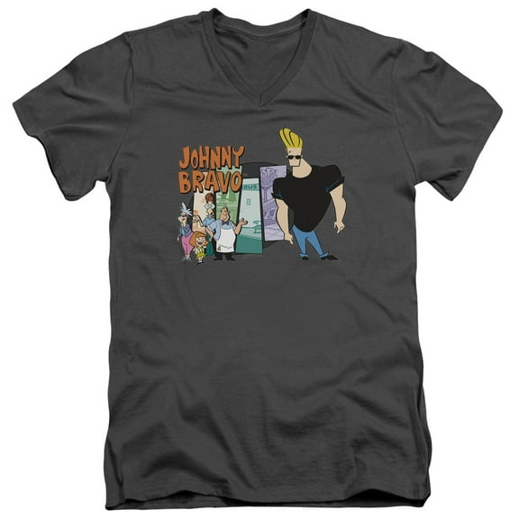 Johnny Bravo Johnny & Friends S/S Adult V-Neck Charcoal