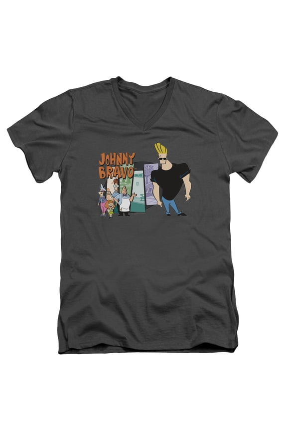 Johnny Bravo Johnny & Friends S/S Adult V-Neck Charcoal