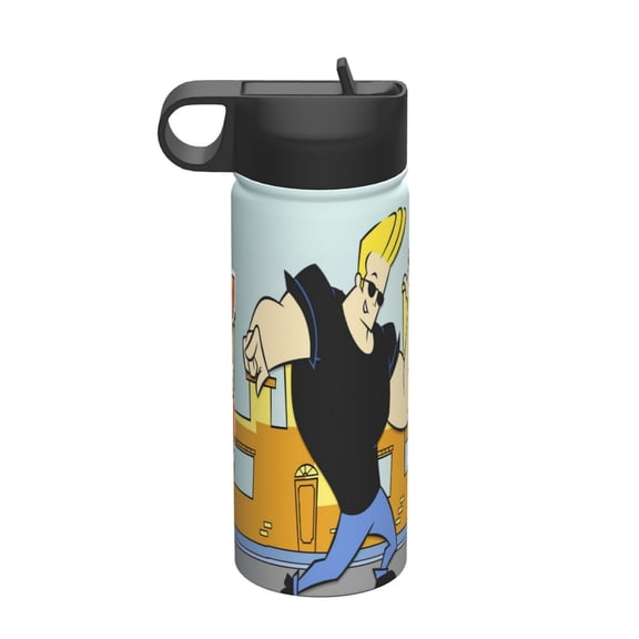 Johnny Bravo Kids Insulated Water Bottle With Straw - 18 Oz Stainless Steel Double Wall Vacuum Cup, Leakproof, Bpa Free, Suitable For Boys And Girls