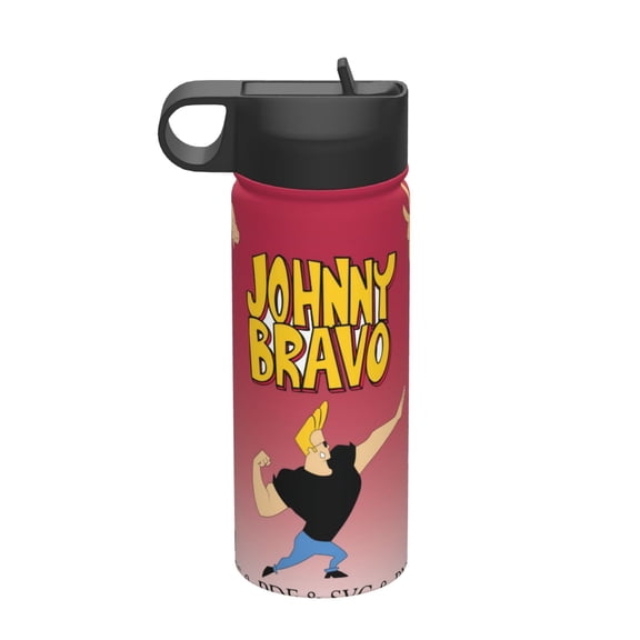 Johnny Bravo Kids Insulated Water Bottle With Straw - 18 Oz Stainless Steel Double Wall Vacuum Cup, Leakproof, Bpa Free, Suitable For Boys And Girls