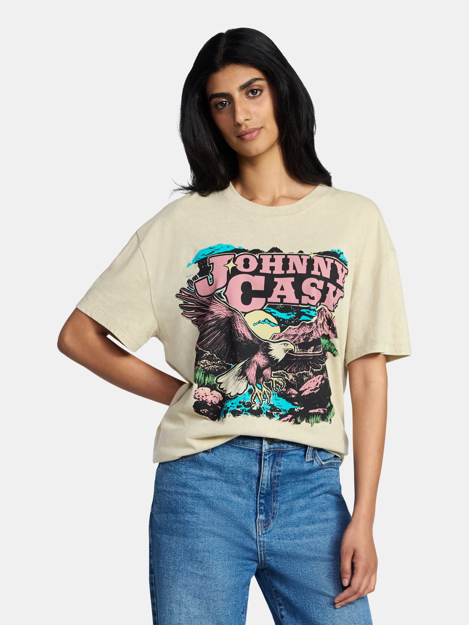Johnny Cash Women's Graphic Print Tour Tee with Short Sleeves, Sizes XXS-XXL