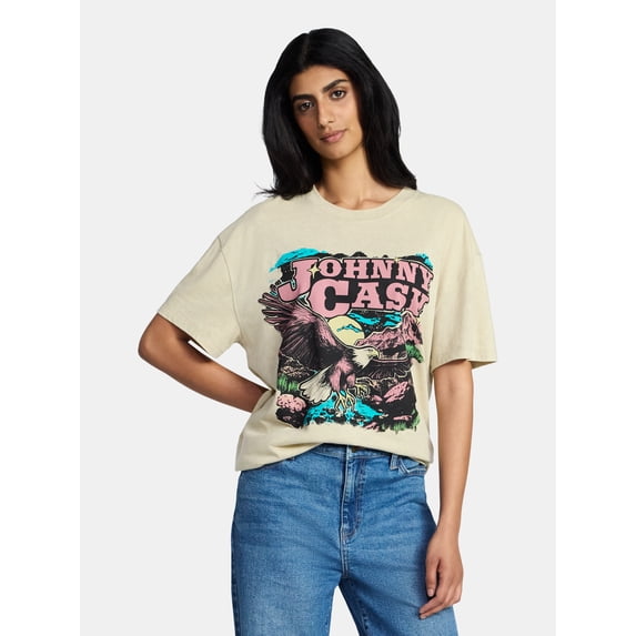 Johnny Cash Women's Graphic Print Tour Tee with Short Sleeves, Sizes XXS-XXL