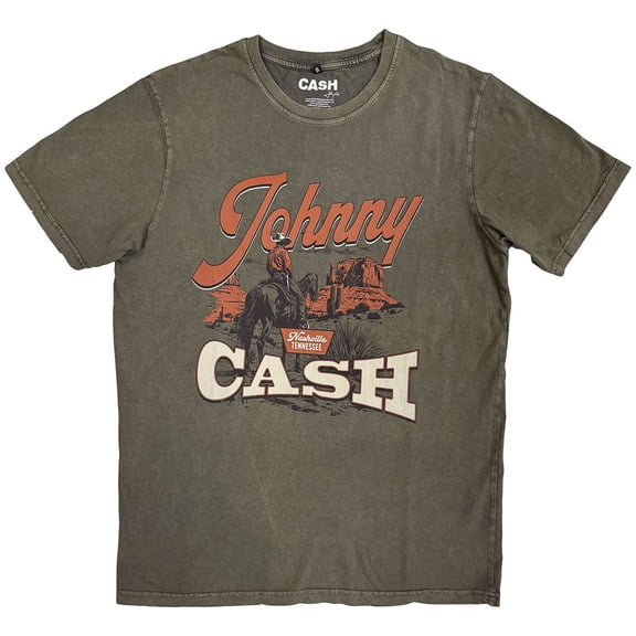 Johnny Cash Unisex Stone Wash T-Shirt Desert Cowboy (Green) (Large)