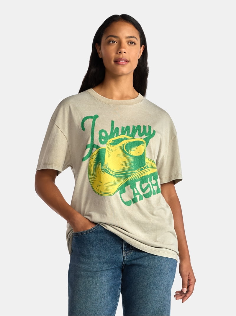 Johnny Cash Women's Front Back Graphic Tee with Short Sleeves