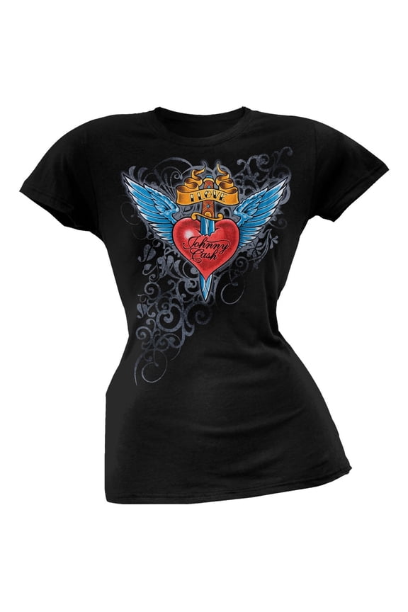 Women's Juniors Heart Black Short Sleeve T Shirt