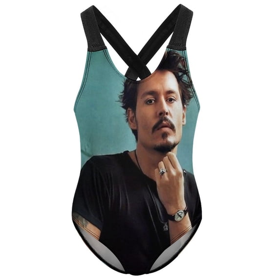 Johnny Depp Swimwear Kids' One-Piece Swimsuit Quick-Dry Cute Printed Girls' Swimwear Bathing Suit for Beach & Pool 9-11Y(140cm)
