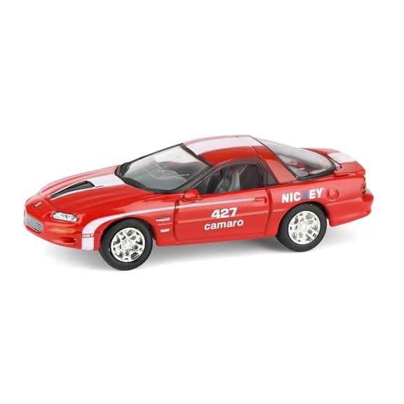 Johnny Lightning 1/64 Nickey 2002 Chevrolet Camaro ZL1, Red with White Stripes, Muscle Car Series JLSP382-A