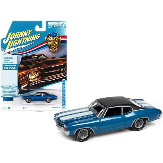 Johnny Lightning JLMC026-JLSP154A 1971 Chevrolet Chevelle SS 454 Blue Metallic with Flat Black Top & White Stripes Class of 1971 to 7754 Piece Worldwide USA Series 1-64 Scale Diecast Model C
