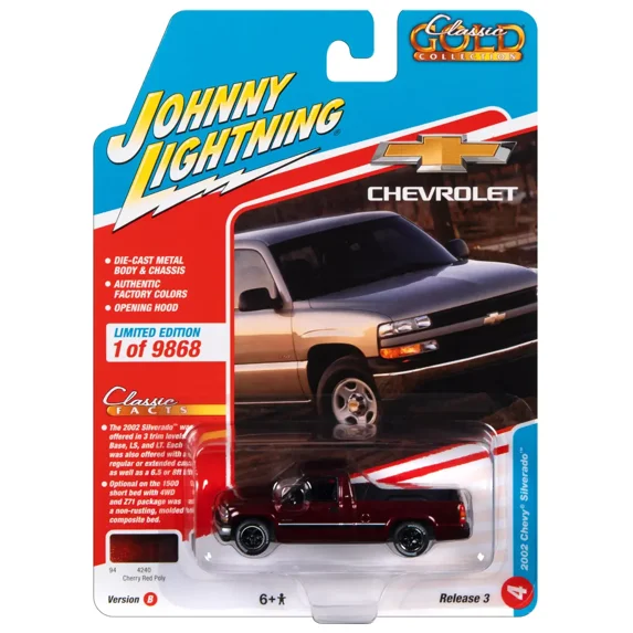 2002 Chevrolet Silverado Pickup Truck Cherry Red Metallic Classic Gold Collection Series Limited Edition to 9868 pieces Worldwide 1/64 Diecast Model Car by Johnny Lightning