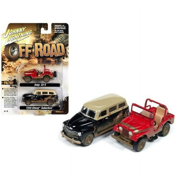 Johnny Lightning JLPK006-OFFROAD Jeep CJ-5 Renegade Dirty Version Red & 1950 Chevrolet Suburban 3100 Dirty Version Black Set of 1 by 64 Die-Cast Model Cars - 2 in Package
