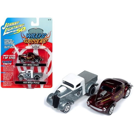Johnny Lightning Themed 2-Pack "Willys Gassers" 1941 Willys "Willy the Kid" & 1933 Willys "Air Force" 1/64 Diecast Model Cars