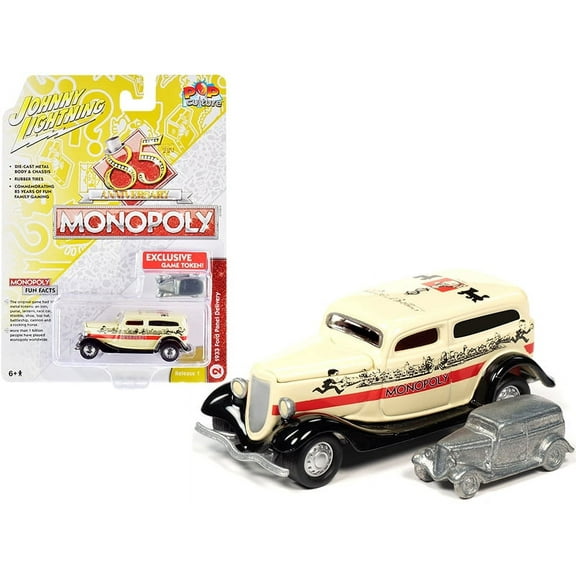 1933 Ford Panel Delivery Truck Yellow with Red Stripe and Game Token "Monopoly 85th Anniversary" "Pop Culture" Series 1/64 Diecast Model Car by Johnny Lightning