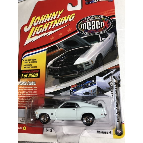 Johnny Lightning White 1970 Ford Mustang Boss 429 Diecast Car