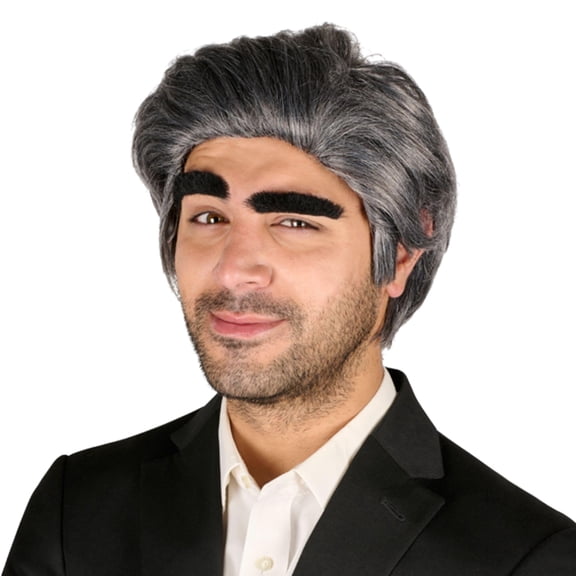 Johnny Rose Wig & Eyebrows Set - Schitt's Creek Cosplay Costume Accessory, Grey Slick-Back Wig with Bushy Dark Eyebrows for Men