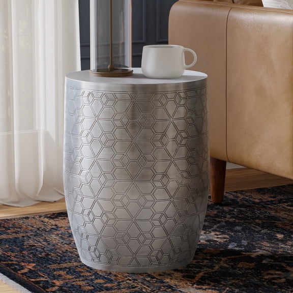 Simpli Home Johnsen 15 inch Wide Boho Geometric Pattern Metal Accent Table in Antique Silver Iron, Assembled