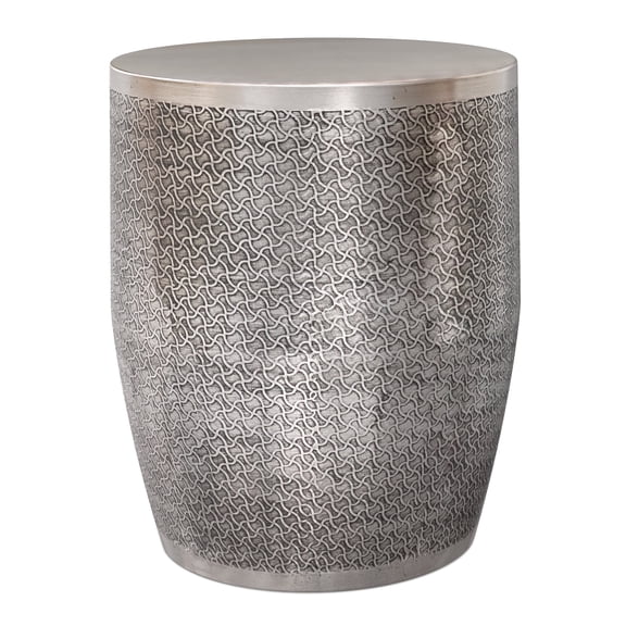 Simpli Home Johnsen 18 inch Wide Boho Web Pattern Metal Accent Table in Antique Silver Iron, Assembled