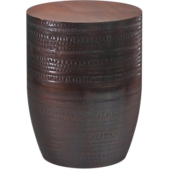 Johnsen Metal Table - 15 inch Wide Solid Iron Drum Accent Table in Oil Rubbed Bronze with Tribal Pattern, Round Boho End Table for Living Room, Bedroom, or Home Office, Fully Assembled