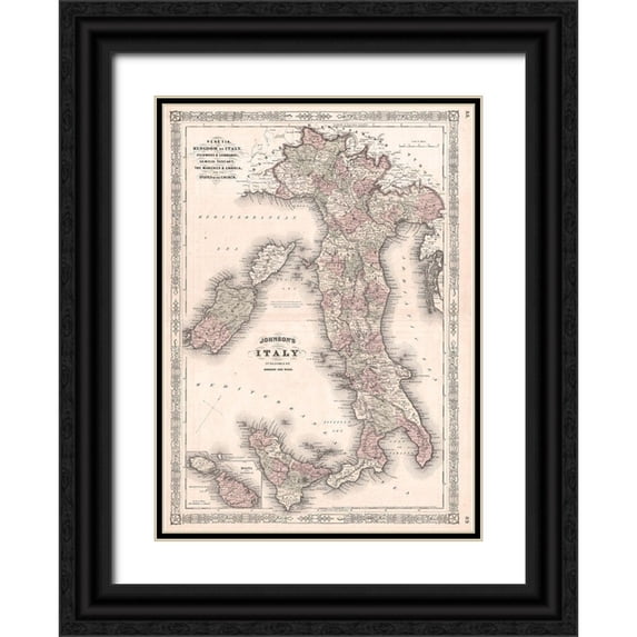 Johnson 11x14 Black Ornate Wood Framed with Double Matting Museum Art Print Titled - 1866 Johnson Map of Italy
