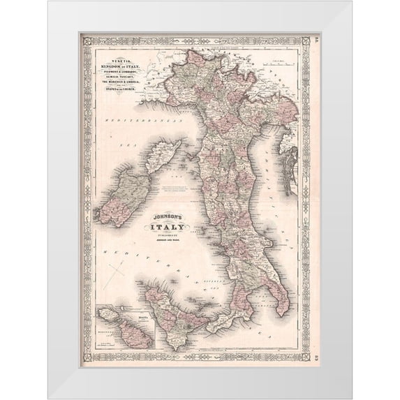 Johnson 11x14 White Modern Wood Framed Museum Art Print Titled - 1866 Johnson Map of Italy
