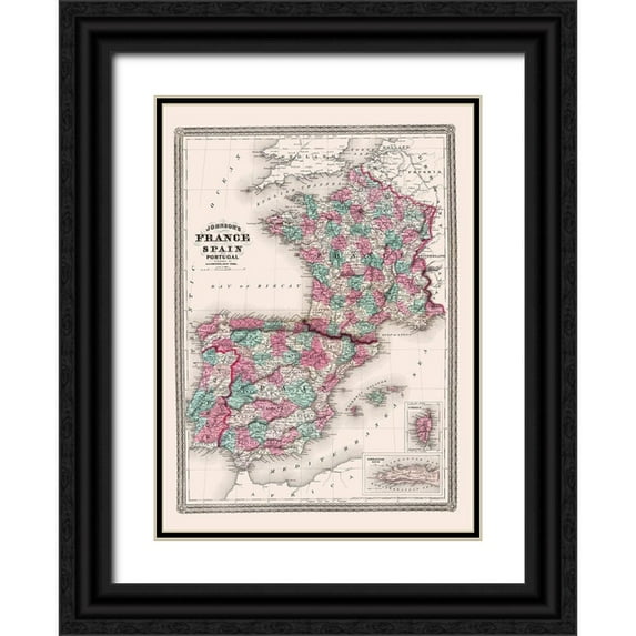 Johnson 14x18 Black Ornate Wood Framed with Double Matting Museum Art Print Titled - Europe Spain France Portugal - Johnson 1865