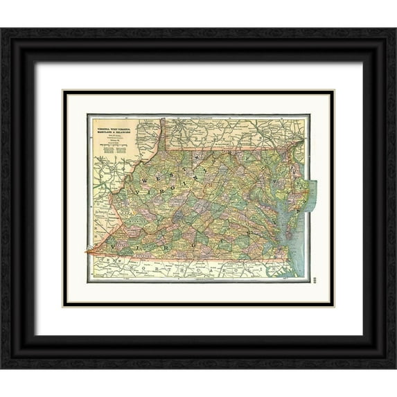 Johnson 18x15 Black Ornate Wood Framed with Double Matting Museum Art Print Titled - Virginia, Maryland, Delaware - Johnson 1888