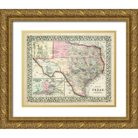 Johnson 18x15 Gold Ornate Wood Framed with Double Matting Museum Art Print Titled - Johnsons Map of Texas