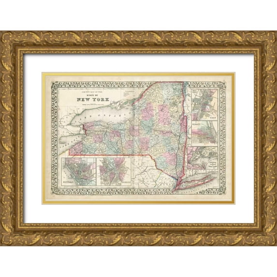 Johnson 24x17 Gold Ornate Wood Framed with Double Matting Museum Art Print Titled - Johnsons Map of New York