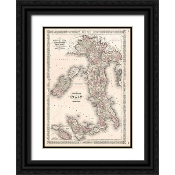 Johnson 24x32 Black Ornate Wood Framed with Double Matting Museum Art Print Titled - 1866 Johnson Map of Italy