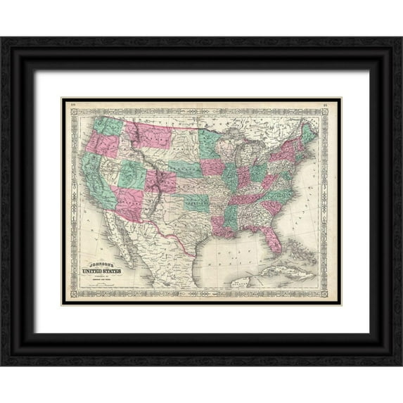 Johnson 32x25 Black Ornate Wood Framed with Double Matting Museum Art Print Titled - 1866 Johnson Map of the United States