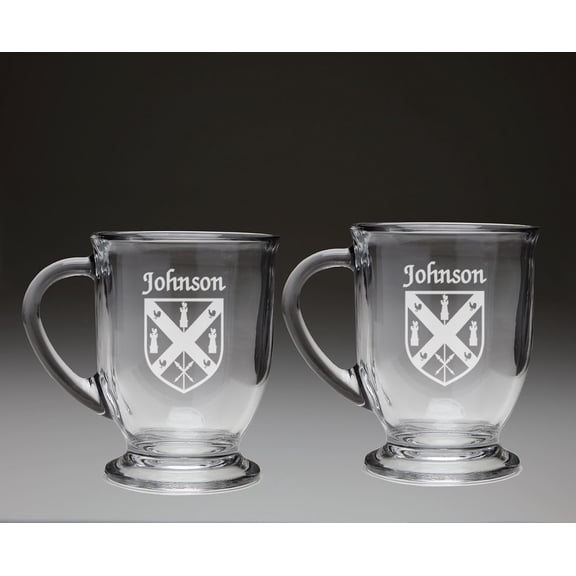 Johnson Irish Coat of Arms Glass Coffee Mugs - Set of 2